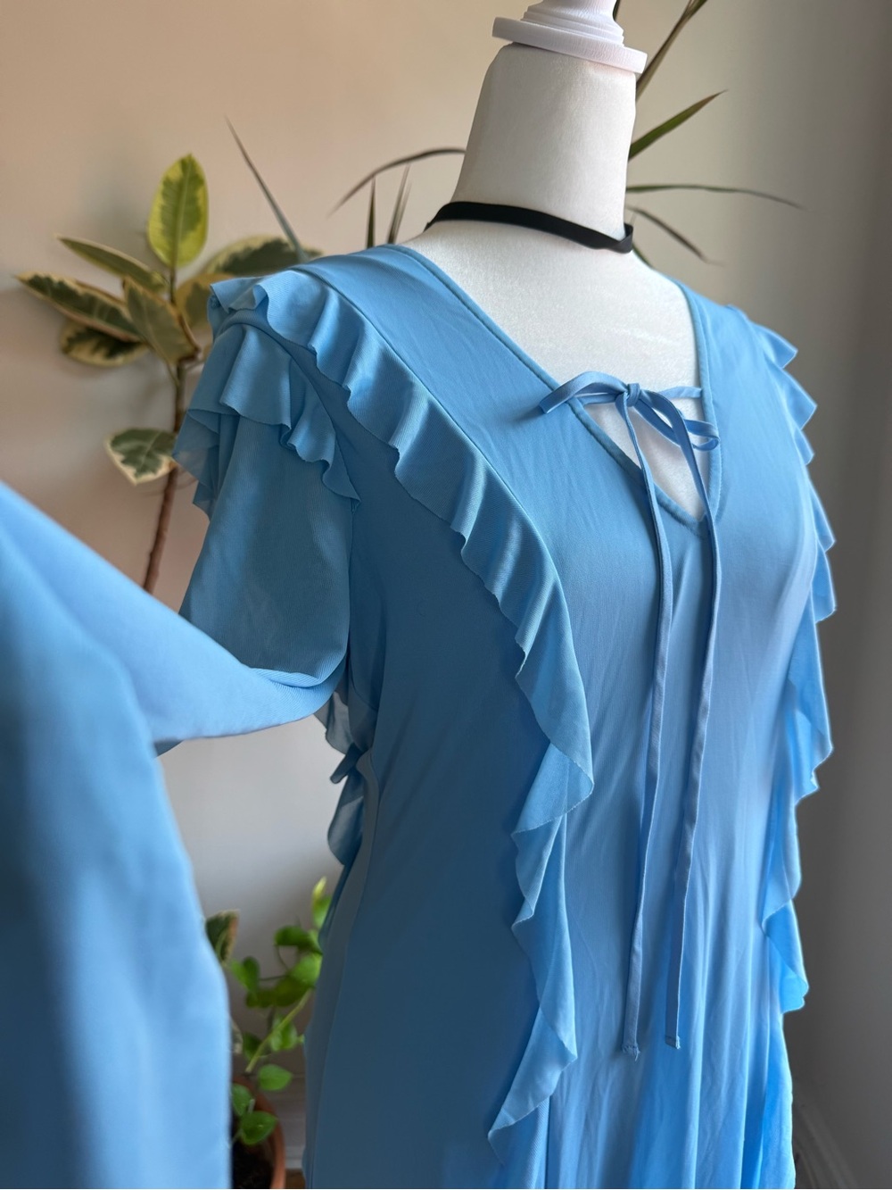 Light Blue Mesh Ruffle Tie-Front Maxi Dress